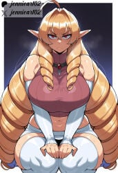1girl ahoge ai_generated artist_name bare_shoulders blonde_hair blush breasts clothing crop_top curvy detached_sleeves drill_hair elf elinalise_dragonroad female frown hair_between_eyes hair_intakes hands_on_own_knees huge_breasts jennieart02 jewelry large_breasts legwear long_hair looking_at_viewer microskirt midriff miniskirt mushoku_tensei navel patreon patreon_logo patreon_username plump pointy_ears red_eyes ringlets seiza sitting skirt sleeveless solo sweat thick_thighs thighhighs thighs twin_drills twitter twitter_username very_long_hair watermark white_legwear white_skirt white_thighhighs