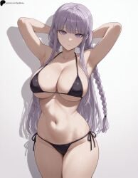 1girl 1girls ai_generated armpits bangs bikini black_bikini blunt_bangs braid breasts closed_mouth collarbone danganronpa danganronpa:_trigger_happy_havoc hi_res high_quality high_resolution highres kirigiri_kyouko large_breasts light long_hair looking_at_viewer midriff navel nose opal_nemy patreon_logo patreon_url patreon_username plain_background purple_eyes purple_hair self_upload serious shadow shiny shiny_clothes shiny_hair shiny_skin side-tie_bikini_bottom simple_background solo string_bikini swimsuit thighs watermark white_background