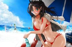 1girls archer_(fate) artist_name artoria_pendragon beach big_breasts bikini bikini_bottom bikini_top black_hair blush breasts cleavage collarbone cooler dated eyebrows eyebrows_visible_through_hair eyelashes fate/stay_night fate_(series) female female_focus female_only floating fujimura_taiga green_eyes heart-shaped_sunglasses huge_breasts iknsk large_breasts leaning_forward light-skinned_female light_skin long_hair midriff navel ocean parasol red_bikini solo solo_female solo_focus sunglasses thick_thighs thighs tied_hair tohsaka_rin twintails watermark