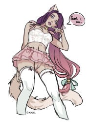 1girls belly belly_button bottomless cat_ears cat_tail catgirl collar corset dialogue fangs female female_only functionally_nude long_hair looking_at_viewer looking_down midriff purple_hair pussy skirt solo stockings vagina voize voizel