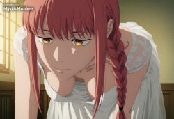 1girl ai_generated all_fours anime anime_style artist_name bent_over braid braided_ponytail breasts breasts_apart chainsaw_man cleavage closed_mouth collarbone downblouse dress hair_over_shoulder hanging_breasts hentai hi_res indoors long_hair makima_(chainsaw_man) medium_breasts mystic_maidens patreon red_hair ringed_eyes sidelocks smile solo white_dress yellow_eyes