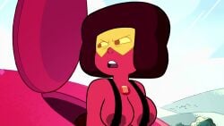 alien alien_girl alien_humanoid edit exposed_areolae large_breasts ruby_(gem_species) ruby_(steven_universe) ruby_doc screenshot_edit shortstack side_boob side_nipple steven_universe suspenders yenvudu