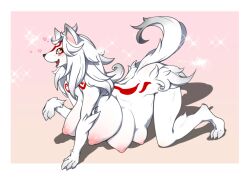 amaterasu anthro breasts canid canine canis capcom deity female fur hair heart j7w looking_at_viewer mammal multi_breast nipples nude okami pregnant solo video_games white_body white_fur wolf