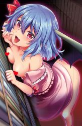 :d ass bare_shoulders bat_wings bent_over blue_hair blush bookshelf bow breasts censored collarbone commentary_request dress female hair_ribbon heart heart_censor library medium_breasts no_hat no_headwear open_mouth pink_dress pointy_ears puffy_short_sleeves puffy_sleeves red_bow red_eyes red_ribbon remilia_scarlet ribbon rimu_(kingyo_origin) saliva saliva_trail shiny shiny_hair short_hair short_sleeves slit_pupils smile solo standing sweat sweatdrop tongue tongue_out touhou wings