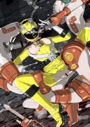 1girls 3boys boots breasts breasts_out cum cum_on_body cum_on_breasts cum_pool defeated defeated_heroine double_v engine_sentai_go-onger exposed_pussy gangbang gegokujo gloves go-on_yellow helmet heroine monster on_back pussy rape raped_by_enemy rouyama_saki sex skirt_lift skirt_up super_sentai torn_clothes torn_legwear torn_shirt v yellow_ranger