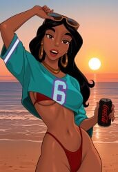 1girls absurd_res absurdres adjusting_eyewear ai-generated ai_assisted arabian beach bikini black_hair brown_eyes coca-cola dark-skinned_female eyewear_on_head gta_vi_cover_girl high_resolution highres holding_object hoop_earrings jasmine_(aladdin) jerseydevil jewelry looking_at_viewer medium_breasts raleu10 solo sports_jersey thick_thighs underboob