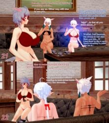 3d 3girls alisaie_leveilleur bikini breast_expansion cat_ears cat_tail commission elezen english_text final_fantasy final_fantasy_xiv gray_hair growth huge_breasts koikatsu miqo'te oc original_character phone reality_warping swimsuit text white_hair xavierhuge y'shtola_rhul yae_yoshizawa