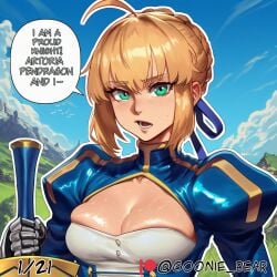 1girl 2026 2d absurd_res absurd_resolution absurdres ahoge ai_generated artist_name artoria_pendragon_(fate) blonde_hair blue_dress blue_ribbon blue_sky braid breasts cleavage cleavage_cutout clothing_cutout cloud comic day dress english_text excalibur_(fate/stay_night) fate/grand_order fate_(series) gauntlets goonie_bear grass green_eyes hair_bun hair_ribbon hi_res high_quality high_resolution highres holding holding_sword holding_weapon image juliet_sleeves long_sleeves looking_at_viewer lower_teeth_only medium_breasts open_mouth outdoors patreon patreon_username puffy_sleeves ribbon saber_(fate) shiny_skin sidelocks sky solo speech_bubble sweat sword uncensured upper_body watermark weapon