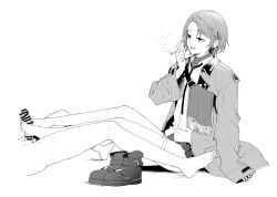 1boy amanekuu bar_censor bare_legs barefoot boots boots_removed caligula_(game) caligula_2 censored cigarette collared_shirt erection female footjob greyscale highres jacket kudan_(caligula_2) looking_at_another monochrome necktie open_clothes open_jacket out_of_frame parted_lips penis pleated_skirt shirt short_hair sitting skirt sleeves_past_wrists smile smoking solo_focus thigh_strap