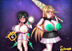 2girls alternate_breast_size alternate_costume black_hair blonde blonde_female blonde_hair blue_eyes breasts breasts_out colored_areola colored_nipples costume_switch cute glowing_areola glowing_nipples huge_breasts kingdom_hearts kingdom_hearts_358/2_days kingdom_hearts_iii large_areolae large_nipples mythra mythra_(cosplay) mythra_(xenoblade) outfit_swap shockstar swapped_clothes turquoise_areola turquoise_nipples unusual_anatomy unusual_nipples xenoblade_(series) xenoblade_chronicles_(series) xenoblade_chronicles_2 xion