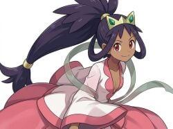 1girls ai_generated brown_skin cleavage crown deep_cleavage dress female female_only hair_tie happy iris_(pokemon) plunging_neckline pokemon pokemon_champion small_breasts solo