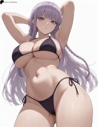 1girl 1girls ai_generated armpits bangs bikini black_bikini blunt_bangs braid breasts closed_mouth collarbone danganronpa danganronpa:_trigger_happy_havoc hi_res high_quality high_resolution highres kirigiri_kyouko large_breasts light long_hair looking_at_viewer midriff navel nose opal_nemy patreon_logo patreon_url patreon_username plain_background purple_eyes purple_hair self_upload serious shadow shiny shiny_clothes shiny_hair shiny_skin side-tie_bikini_bottom simple_background solo string_bikini swimsuit thighs watermark white_background