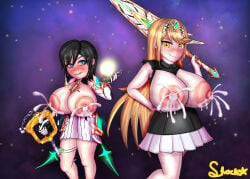 2girls alternate_breast_size alternate_costume big_breasts black_hair blonde blonde_female blonde_hair blue_eyes breasts breasts_out costume_switch cute huge_breasts kingdom_hearts kingdom_hearts_358/2_days kingdom_hearts_iii lactation large_areolae large_nipples milk milk_squirt mythra mythra_(cosplay) mythra_(xenoblade) outfit_swap pink_nipples projectile_lactation shockstar swapped_clothes xenoblade_(series) xenoblade_chronicles_(series) xenoblade_chronicles_2 xion