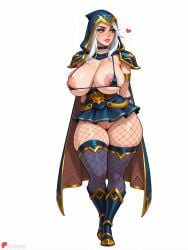 1girl ai_generated armor artist_name belt bikini bikini_top_only blue_cape blue_choker blue_eyes blue_skirt blush boobs boots breasts cape choker cleft_of_venus curvy explicit fishnet_pantyhose fishnets full_body heart hood hood_up hooded_cape huge_ass huge_breasts juswa knee_boots large_ass large_breasts long_hair looking_to_the_side miniskirt nipples pantyhose parted_lips pleated_skirt pussy questionable shoulder_armor simple_background skindentation skirt smile solo standing swimsuit thicc thick_thighs thighhighs thighs white_background white_hair wide_hips