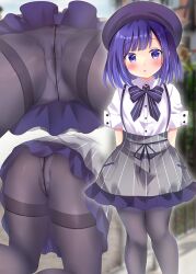 :o ass bangs beret black_bow black_legwear blush bow bow_panties cameltoe collared_shirt commentary_request crotch_seam dress_shirt eyebrows_visible_through_hair female female fuiba_fuyu gochuumon_wa_usagi_desu_ka? grey_skirt hat kneeling looking_at_viewer mtu_virus multiple_views panties panties_under_pantyhose pantyhose parted_lips puffy_short_sleeves puffy_sleeves purple_eyes purple_hair purple_headwear rikatan shirt short_sleeves skirt standing striped striped_bow striped_skirt suspender_skirt suspenders thighband_pantyhose underwear upskirt vertical-striped_skirt vertical_stripes white_panties white_shirt