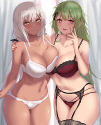 2022 2girls absurdres asymmetrical_docking bangs black_bow black_garter_belt black_legwear blush bow bow_panties bra breast_press breasts cleavage clothing dark-skinned_female dark_skin eyebrows_visible_through_hair female garter_belt girls'_frontline green_hair hair_ornament hairclip hand_on_another's_shoulder hand_up highres large_breasts legs_together long_hair looking_at_viewer m590_(girls'_frontline) matching_underwear mk48_(girls'_frontline) multiple_girls nail_polish navel open_mouth panties picot_trim picot_trim_bra red_bra red_eyes red_nails red_panties satou_aji smile standing sweat thighhighs thighs underwear underwear_only very_long_hair white_bra white_hair white_panties wide_hips yellow_eyes