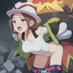 1boy 1girls ai_generated arm_grab arms_held_back bent_over brown_eyes brown_hair clothed_sex clothes_down emboar harmony_(pokemon) hat motorcycle_position open_mouth pants_down parkinson_(ai_artist) partially_clothed pokemon pokemon_legends:_z-a pokephilia pussy_juice rape sex sex_from_behind standing_sex sweat tears