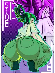 1girls artist_request ass ass_bigger_than_head ass_focus big_ass clothing dumptruck_ass female female_focus female_only frog_girl from_behind green_eyes green_hair headband huge_ass looking_at_viewer my_hero_academia necklace pants ponytail solo solo_female solo_focus squatting superheroine thick thick_ass thick_thighs tongue tongue_out tsuyu_asui