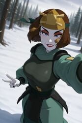 1girls ai_generated avatar_the_last_airbender big_breasts blue_eyes breasts brown_hair brunette busty clothes clothing earth_kingdom eyeshadow facepaint female female_focus female_only gold_(metal) gold_jewelry grin headband headgear headpiece huge_breasts kyoshi_warrior large_breasts looking_at_viewer makeup outdoors smug solo solo_female solo_focus suki tied_hair top_heavy waifuinvoker warpaint