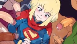 1girls 5boys blonde_hair bukkake dark-skinned_male dark_skin dc dc_comics edit fully_clothed group group_sex jcm2 light-skinned_female light-skinned_male light_skin multiple_boys multiple_penises my_adventures_with_superman source_request supergirl supergirl_(my_adventures_with_superman) superman_(series) unseen_face unseen_male_face