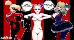 3d 3d_(artwork) 3girls batman:_the_animated_series batman_(series) blonde blonde-haired_female blonde_female blonde_hair blonde_hair_female blue_eyes breast_envy cfnf dc_comics domino_mask enf female female_focus female_only flat_chest flat_chested flaunting harley_quinn harley_quinn_(arkham) harley_quinn_(arkham_knight) harley_quinn_(classic) harley_quinn_(suicide_squad_game) koikatsu lipstick pigtails rocksteady_studios showing_off small_breast_humiliation small_breasts tagme tattoo teasing