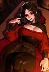1girl 1girls ai_generated balecxi barrel black_cape black_hair black_lips black_nails black_pants black_sclera braid breasts cape cleavage cleavage_cutout cloak clothing colored_sclera corset crown_braid curvaceous curvaceous_female curvaceous_figure curvy curvy_figure dress female female_focus fingernails hood hood_down hooded_cape hooded_cloak inviting inviting_to_sex large_breasts lipstick long_sleeves looking_at_viewer lying makeup medium_hair mismatched_sclera nail_polish narrow_waist on_back pants presenting presenting_ass presenting_breasts presenting_hindquarters presenting_self puffy_long_sleeves puffy_sleeves red_eyes red_shirt seductive seductive_look seductive_smile serana sharp_fingernails shirt skyrim smile solo the_elder_scrolls the_elder_scrolls_v:_skyrim thick_thighs vampire voluptuous voluptuous_female wide_hips