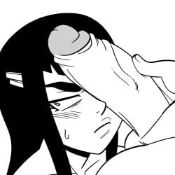 1boy 1girls 2010s 2018 black_and_white black_hair blushing imminent_oral kill_la_kill kiryuuin_satsuki looking_away penis penis_on_face pouting shamefuldisplay sweat