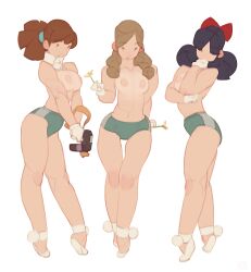3girls bare_shoulders black_hair bow breasts brown_hair collarbone double_bun eyebrows_visible_through_hair female flower gloves gun hair_bun hairbow holding holding_flower holding_gun holding_weapon light_brown_hair long_hair multiple_girls nbekkaliev open_mouth original ponytail red_bow simple_background standing thinking tiptoes topless twintails weapon white_background white_footwear white_gloves yellow_flower