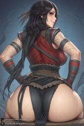 1female 1girl 1girls 2026 ai_generated artist_name ass bandages big_ass big_breasts black_hair braid breasts brown_eyes curvy fingerless_gloves freya_(god_of_war) from_behind gloves god_of_war god_of_war_ragnarok hands_on_hips hi_res high_quality high_resolution highres huge_ass huge_breasts large_breasts long_hair looking_at_viewer looking_back night patreon patreon_username sitting smile solo tattoo thighs unjobdespiert watermark