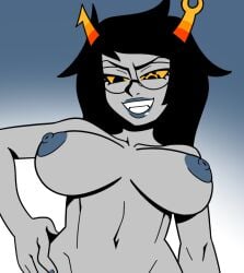 alien alien_girl blue_lipstick blue_nipples fangs female grey-skinned_female grey_skin hand_on_hip homestuck homestuck_troll horned_female horns looking_down_at_viewer ms_paint_adventures multicolored_horn multiple_pupils nude nude_female shamefuldisplay smug vriska_serket yellow_sclera