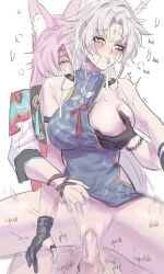 2d bead_bracelet english english_text feixiao_(honkai:_star_rail) fox_boy fox_ears fox_girl gloves gnarlypzofbread green_eyes groping groping_breasts honkai:_star_rail honkai_(series) hoyoverse jiaoqiu_(honkai:_star_rail) medium_breasts motion_lines one_breast_out partially_clothed pink_hair plap reverse_cowgirl_position sex white_hair yellow_eyes