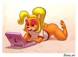 1girls anthro ass ass_up bottom_lip bottomless clothed clothing coco_bandicoot computer crash_(series) electronics feet female fur furry furry_only hi_res kostos_art laptop nice_ass on_computer partially_clothed solo topwear