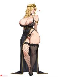1girl ai_generated armlet arms_behind_back asymmetrical_legwear bare_shoulders black_dress black_footwear black_panties black_thighhighs blonde_hair blush boobs bra braid breasts choker cleavage curvy dress fishnet_thighhighs fishnets full_body hair_over_one_eye heart huge_ass huge_breasts juswa large_ass large_breasts long_hair looking_to_the_side nipples panties pussy questionable simple_background single_thighhigh solo standing thicc thick_thighs thighhighs thighs underwear white_background yellow_eyes