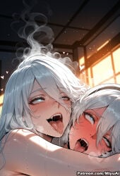 2b_(nier:automata) 2girls ahegao ai_assisted ai_generated blue_eyes blurry_background blush breasts curvaceous curvy curvy_female curvy_figure eyebrows_visible_through_hair female hair_between_eyes hairband half-closed_eyes heart heart-shaped_pupils indoors looking_at_viewer miyuai mole mole_under_mouth multiple_girls nier nier:automata nier_(series) no_blindfold nude open_mouth oral_invitation saliva silver_hair sweat symbol-shaped_pupils teeth thick thick_ass thick_butt thick_hips thick_legs thick_thighs tongue tongue_out voluptuous voluptuous_female wide_hips wide_thighs yorha_2b yorha_a2 yorha_no._2_type_b yuri
