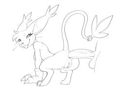 anal black_and_white breasts digimon digimon_(species) female gatomon genitals halbean whiskers white_background