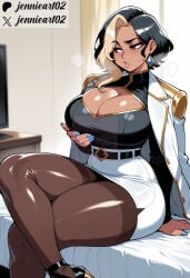 1girl ai_generated artist_name bed bedroom belt black_belt black_footwear black_hair black_pantyhose blonde_hair blue_nails breast_hold breasts breath brown_pantyhose cleavage cleavage_cutout clothing clothing_cutout coat coat_on_shoulders crossed_legs curvy dark-skinned_female dark_skin domina earrings english_text eyeshadow female grabbing_own_breast heavy_breathing high-waist_skirt high_heels huge_breasts indoors jacket jacket_on_shoulders jennieart02 jewelry large_breasts mature_female miniskirt mole mole_on_breast mole_under_eye multicolored_hair nail_polish pantyhose parted_lips patreon patreon_logo patreon_username pencil_skirt shirt_tucked_in short_hair sitting skirt solo streaked_hair thick_thighs thighs twitter twitter_username two-tone_hair watermark white_jacket white_skirt