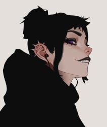 1girls black_hair black_lips black_lipstick clothed clothed_female clothing dethmaid earrings female female_only freckles goth hair_bun headphones hoodie lipstick makeup mascara oc piercing sharp_teeth side_view solo