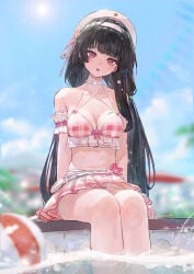 1girls beach black_hair chisa_(wuthering_waves) female long_hair medium_breasts official_alternate_costume pink_swimsuit red_eyes see-through_clothing see-through_swimsuit swimsuit wuthering_waves