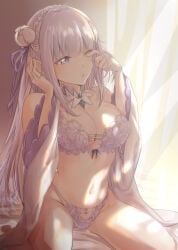 1girls belly cleavage elf elf_ears elf_female emilia_(re:zero) half_naked large_breasts lingerie on_bed purple_eyes re:zero_kara_hajimeru_isekai_seikatsu silver_hair solo thighs underwear waking_up