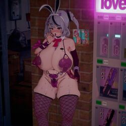 3d 3d_(artwork) alternate_breast_size alternate_hairstyle blush bunny_ears bunny_girl chubby chubby_female cognitogremlin condom condom_wrapper condoms curvaceous curvy curvy_figure fellatio_gesture fishnet_legwear fishnet_stockings fishnets gloves hololive hololive_japan holox huge_ass huge_breasts koikatsu nipples outdoors prostitution qos qos_tattoo sakamata_chloe shortstack slingshot_swimsuit spread_legs sweating tagme thick_thighs tongue_out twintails virtual_youtuber whore