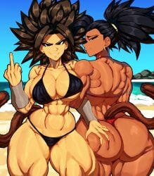 2d 2girls abs ass ass_grab bikini black_hair caulifla dark-skinned_female dark_skin dragon_ball dragon_ball_super female female_only kale kuurant light-skinned_female light_skin looking_at_viewer middle_finger muscular muscular_back muscular_female muscular_legs muscular_thighs outdoors tagme tail thighs