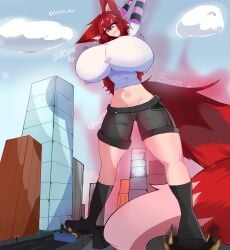 2d 2d_(artwork) background barefoot bensukun big_breasts big_thighs bigger_female bigger_than_mountain blue_eyes breasts breasts_bigger_than_building breasts_bigger_than_head breasts_bigger_than_torso completely_nude completely_nude_female ears_up female fox fox_ears fox_girl fox_tail full_body giant giant_breasts giantess huge_breasts hyper_breasts kitsune looking_down massive_body massive_breasts massive_tits naked naked_female nude nude_female red_hair self_upload smiling solo solo_female stomach tail tail_wagging thighs