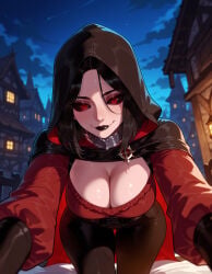 1girl 1girls ai_generated all_fours balecxi black_cape black_gloves black_hair black_lips black_pants black_sclera breasts building cape cleavage cloak clothing collar colored_sclera curvaceous curvaceous_female curvaceous_figure curvy curvy_figure female female_focus gloves hood hood_up hooded_cape hooded_cloak house inviting inviting_to_sex kneeling large_breasts long_sleeves looking_at_viewer makeup moon night night_sky outdoors pants pantyhose presenting presenting_breasts presenting_self red_eyes red_shirt seductive seductive_look seductive_smile serana shirt sky skyrim smile solo the_elder_scrolls the_elder_scrolls_v:_skyrim vampire voluptuous voluptuous_female