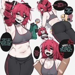 ass bread breasts crying eating exercise exercise_clothing fat_ass glitchace hag hair_down kasane_teto medium_breasts midriff red_hair slightly_chubby slightly_chubby_female sports_bra twin_drills