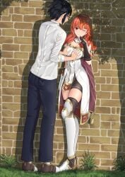 1boy 1girls absurdres armor blush boobplate breast_grab breast_squeeze breastplate breasts celica_(fire_emblem) double_breast_grab female fire_emblem fire_emblem_echoes:_shadows_of_valentia flustered grabbing groping highres jewelry nintendo pressing priestess princess red_eyes red_hair royalty thighhighs