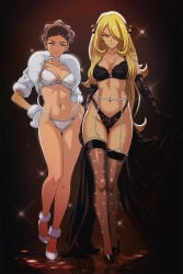 2girls alternate_version_available armwear black_bra black_eyes black_gloves black_hair black_panties black_thighhighs blonde_hair blue_eyes bottomwear bra breasts choker cleavage coat cynthia_(pokemon) diantha_(pokemon) elbow_gloves female female_only footwear full_body game_freak garter_straps gloves hair hair_ornament hair_over_one_eye handwear heels high_heels high_resolution highres hips lace lace-trimmed_bra lace-trimmed_gloves lace-trimmed_panties lace_trim legs legwear lingerie long_hair mature mature_female mature_woman medium_breasts mittens neckwear panties pearls pokemon pokemon_dppt pokemon_xy smile thighhighs thighs topwear vivivoovoo white_bra white_coat
