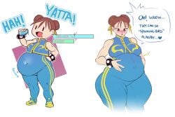 asian asian_female belly big_belly big_breasts blush breasts brown_hair capcom chun-li chun-li_(fortnite) dwps fat female fetal_movement fortnite muscular_thighs pregnant skintight street_fighter thick_thighs