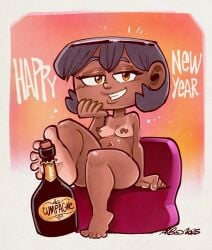 albo big_breasts charlie_(albo) dark_skin happy_new_year looking_at_viewer new_year nude nude_female wine wine_bottle