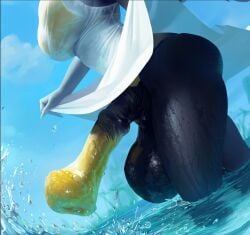 1girl animal_penis bikini bikini_under_clothes black_fur blue_sky breasts cowboy_shot dress dutch_angle e0sca erection furry furry_female futanari highres horse_penis huge_penis huge_testicles large_breasts lifting_own_clothes original outdoors penis see-through_clothes see-through_dress sky solo swimsuit testicles unfinished wading wet wet_clothes wet_dress white_dress yellow_bikini yellow_penis