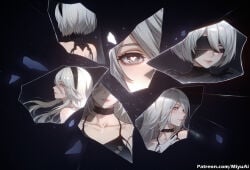 1girl 2b_(nier:automata) 2girls ai_assisted ai_generated bare_shoulders black_blindfold black_hairband blindfold blue_eyes breasts curvaceous curvy curvy_female curvy_figure dress female hairband long_hair looking_at_viewer miyuai mole mole_under_mouth multiple_girls nier nier:automata nier_(series) short_hair silver_hair thick thick_ass thick_butt thick_hips thick_legs thick_thighs voluptuous voluptuous_female wide_hips wide_thighs yorha_2b yorha_a2 yorha_no._2_type_b